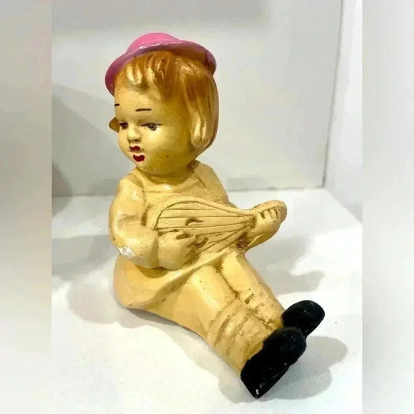 Vintage MCM little girl playing mandolin bookend chalkware - Picture 1 of 6